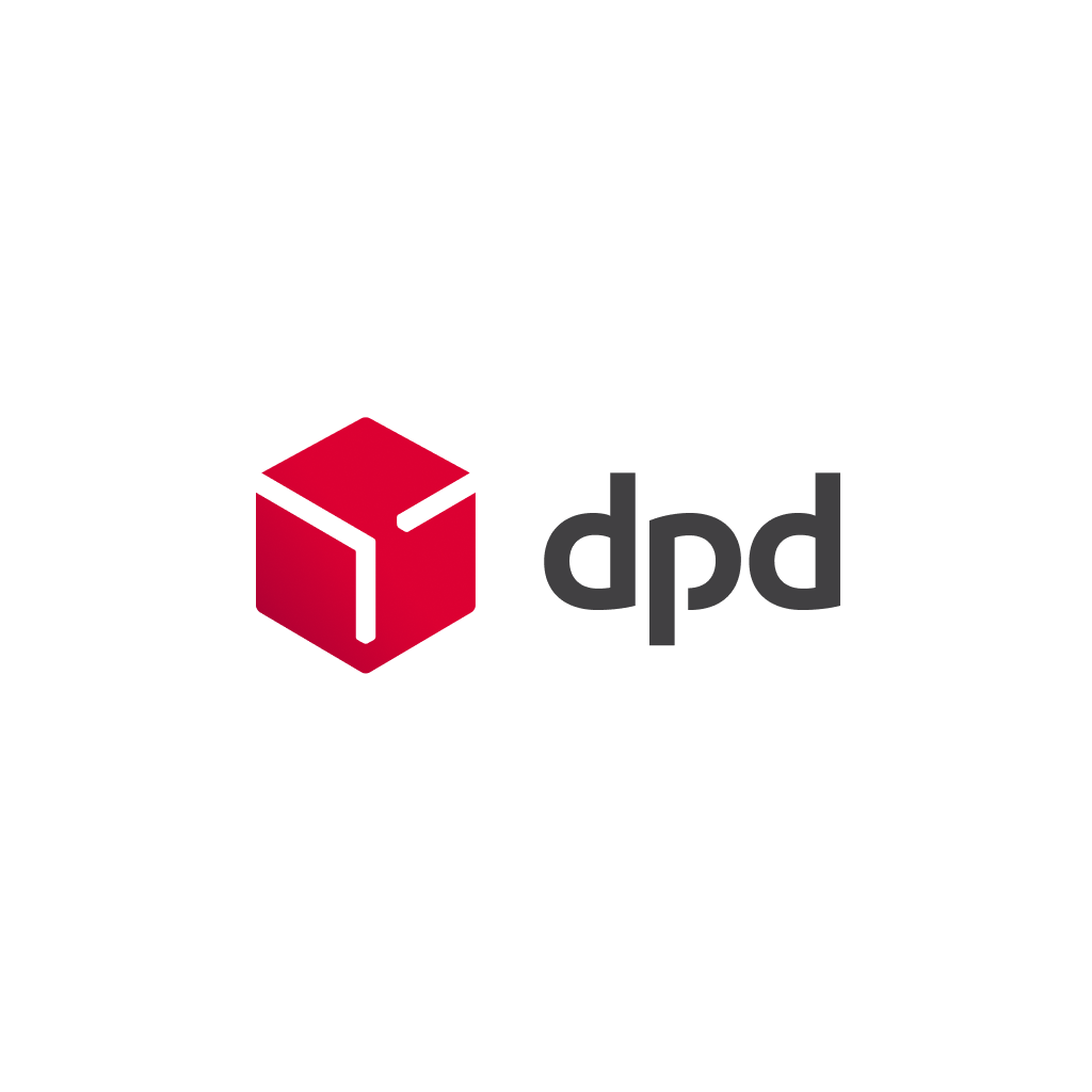 Logótipo DPD com cubo vermelho; DPD logo with red cube.