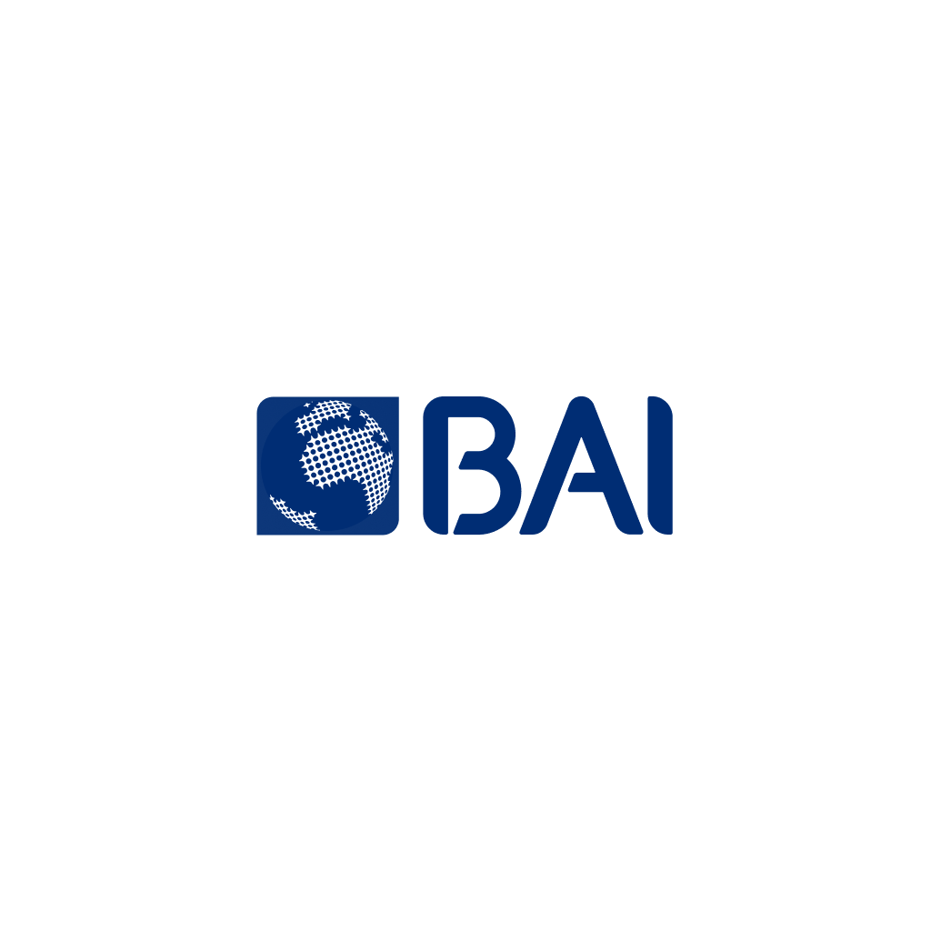 Logótipo BAI com globo azul; BAI logo with blue globe.
